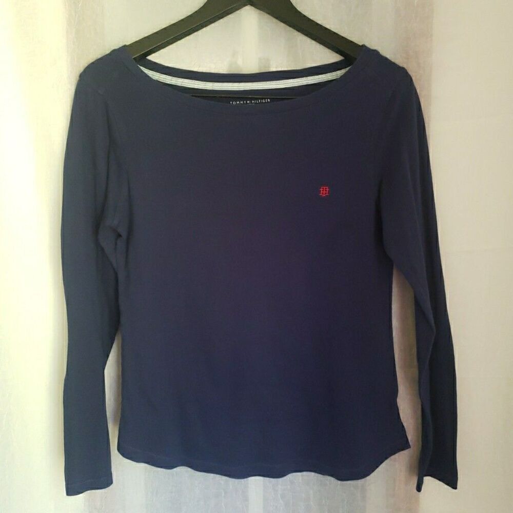 Tommy Hilfiger Women's Size M Long Sleeve Sleepwear Tee T Shirt Logo Navy Blue